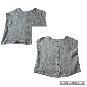 TAHARI Blue linen Boxy loose Top Large Beach Coastal buttons at back